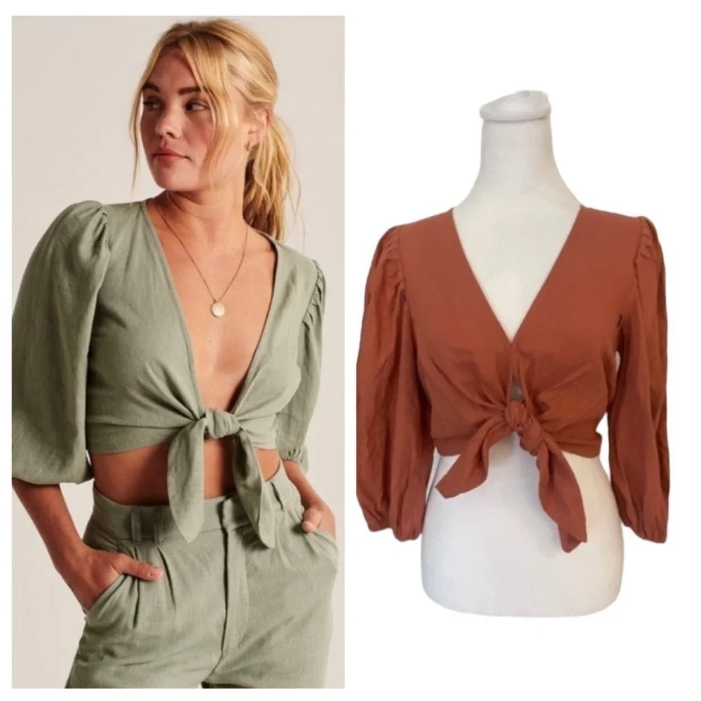 New! Abercrombie & Fitch Tie-Front Puff Sleeve Blouse top 16998